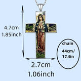 Cross-shaped pendant with religious figure, measurements indicated on a light blue background